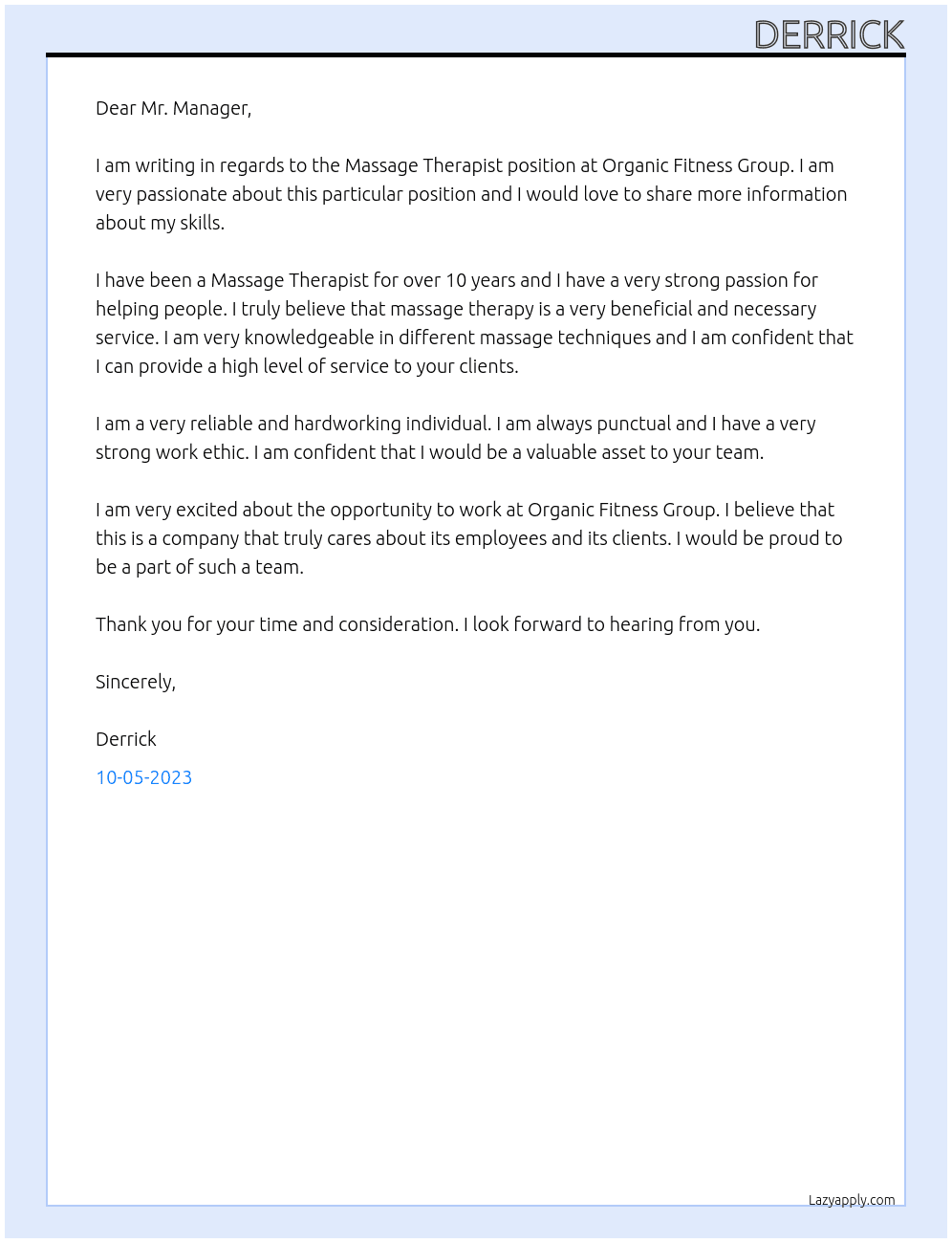 Massage Therapist At Organic Fitness Group Cover Letter