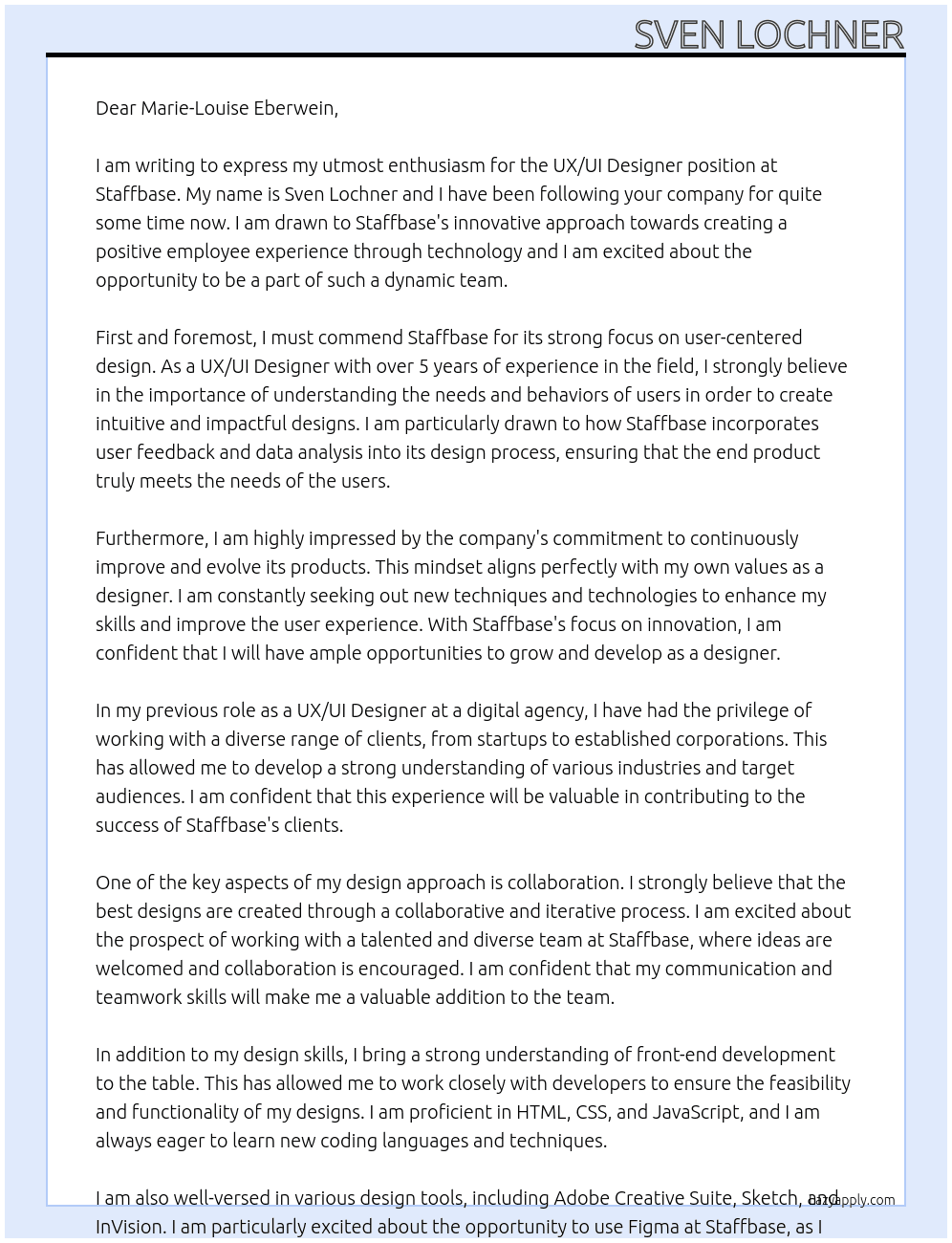 UX/UI Designer At Staffbase Cover Letter