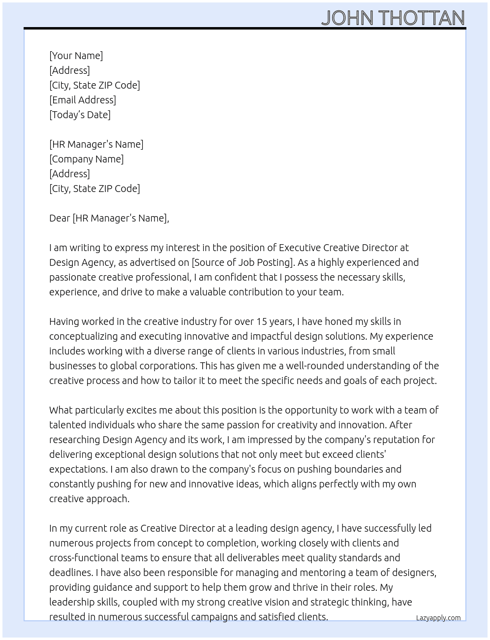 Executive Creative Director At Design Agency Cover Letter