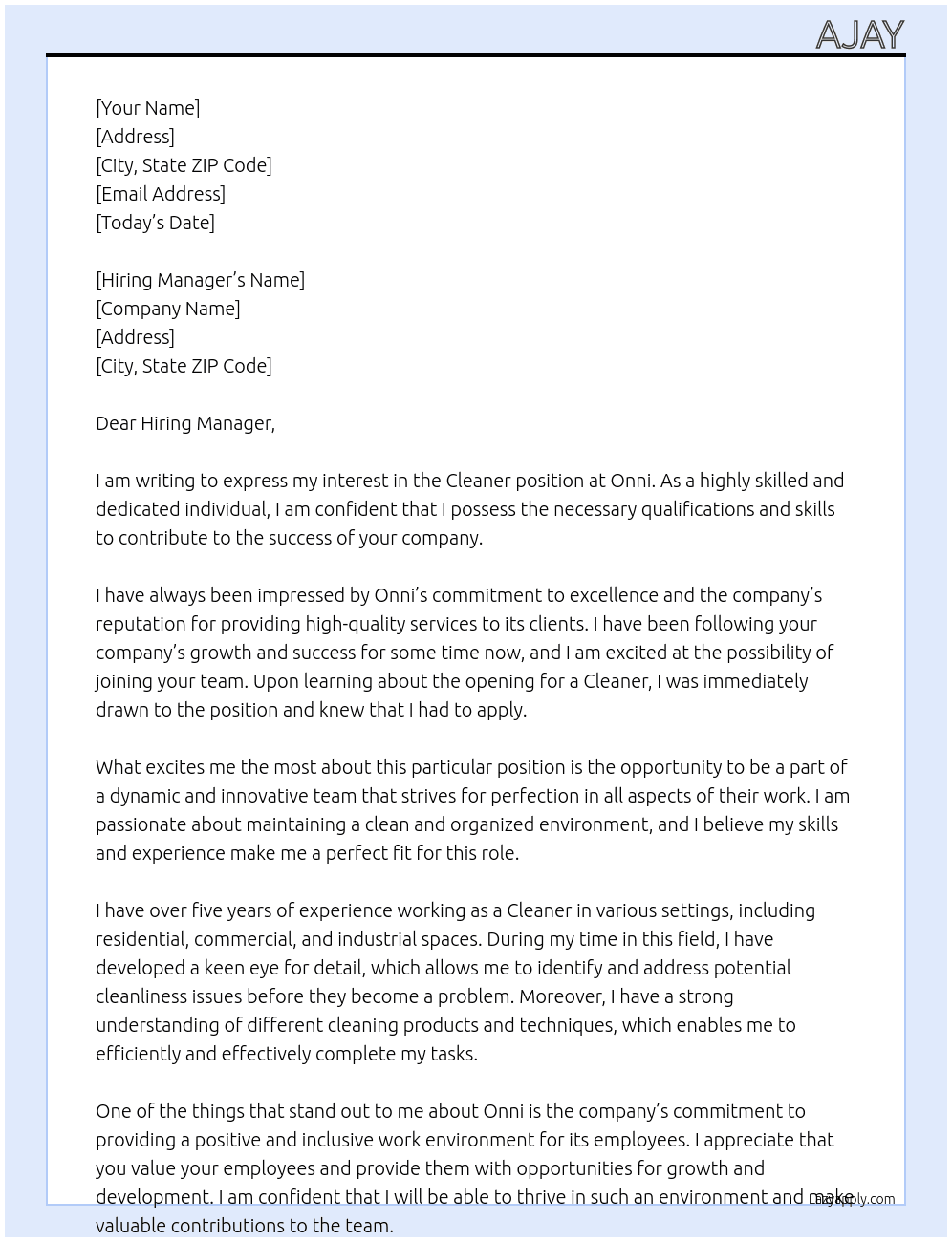 Cleaner At Onni Cover Letter