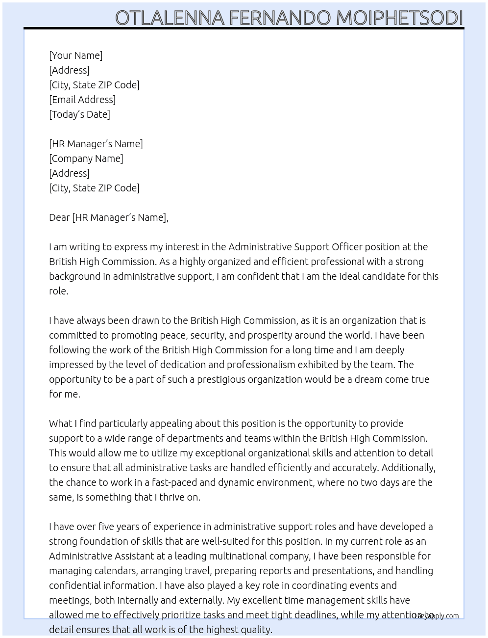 Administrative Support Officer At British High Commission Cover Letter