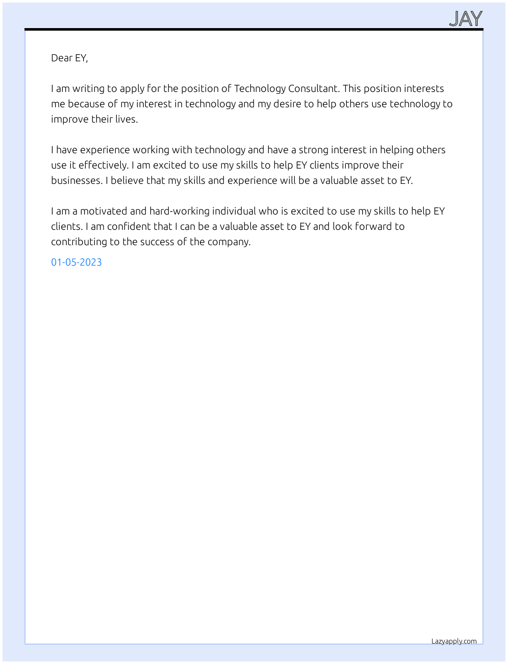 Technology Consultant  At EY Cover Letter