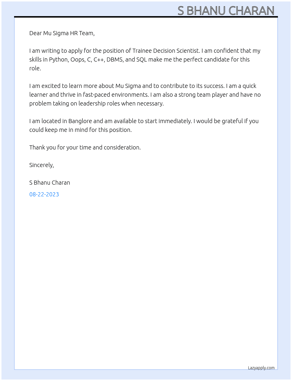 Trainee Decision Scientist  At Mu Sigma  Cover Letter