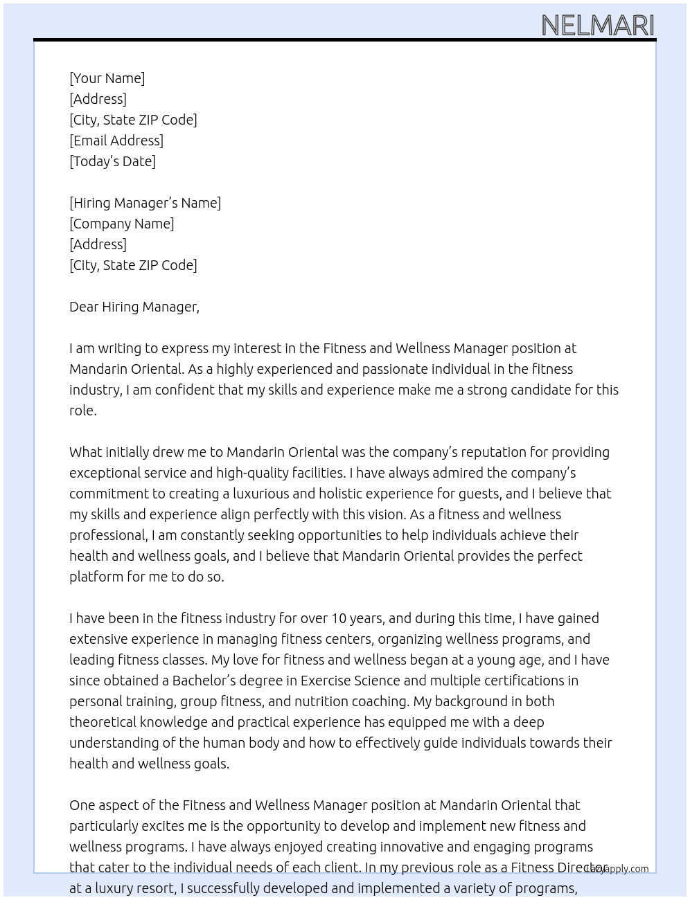 Fitness and Wellness Manager At Mandarin Oriental Cover Letter