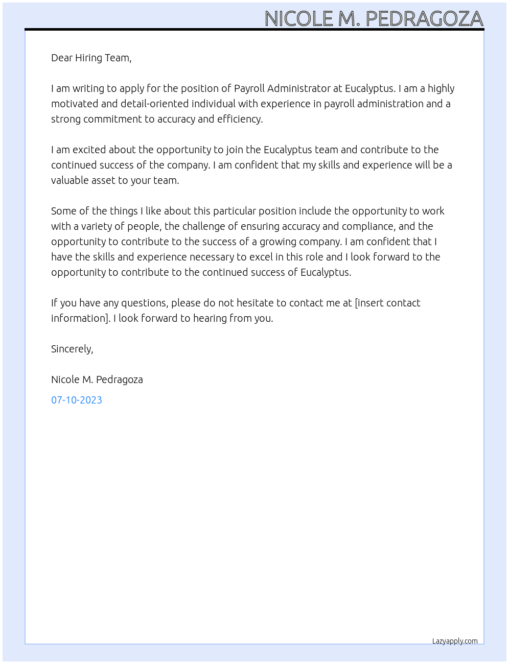 Payroll Administrator At Eucalyptus  Cover Letter