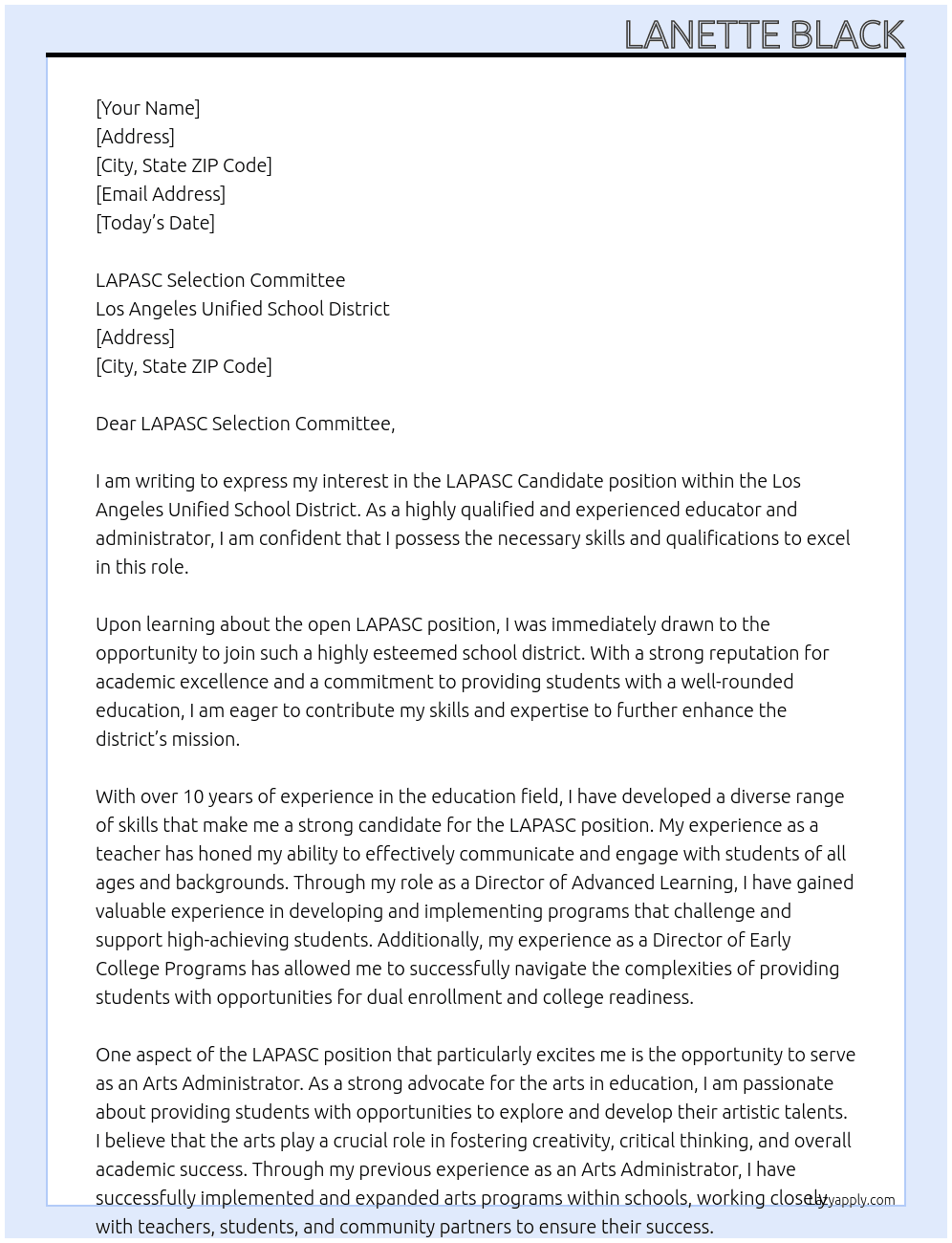 LAPASC Candidate At Los Angeles Unified School District Cover Letter