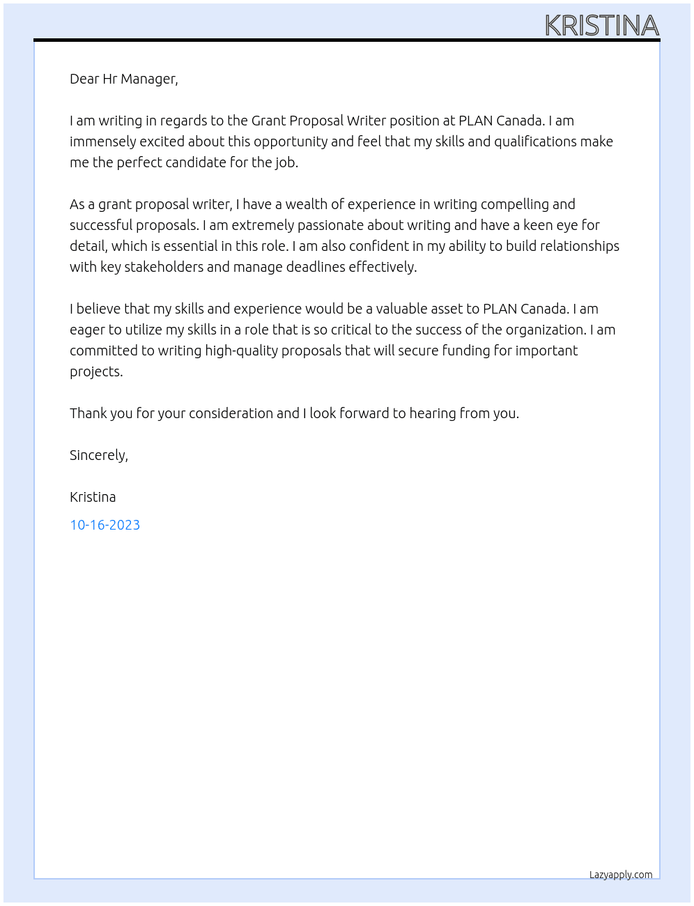 Grant Proposal Writer At PLAN Canada Cover Letter