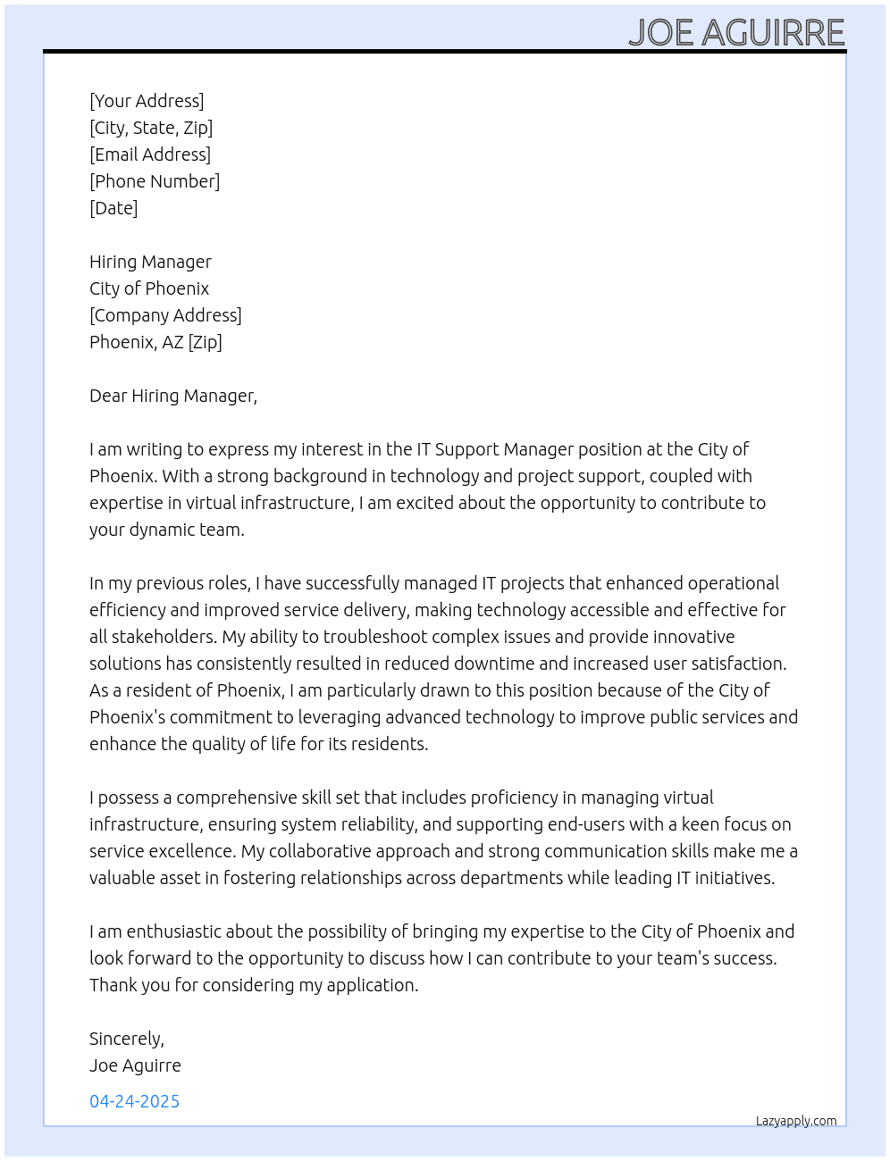 IT Support Manager At City of Phoenix Cover Letter