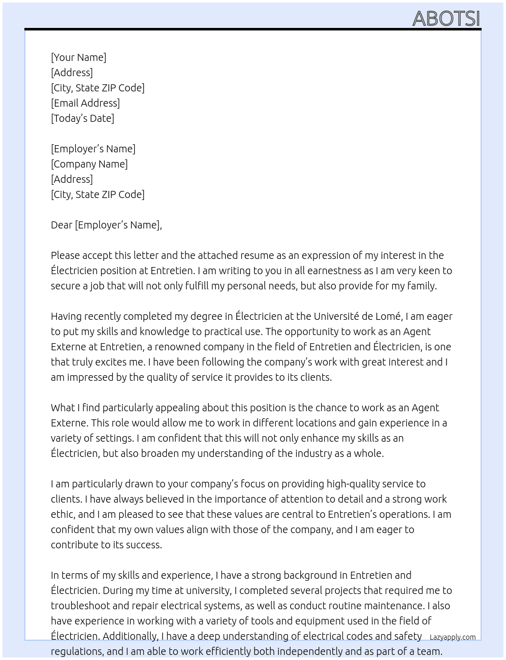 Électricien  At Entretien  Cover Letter