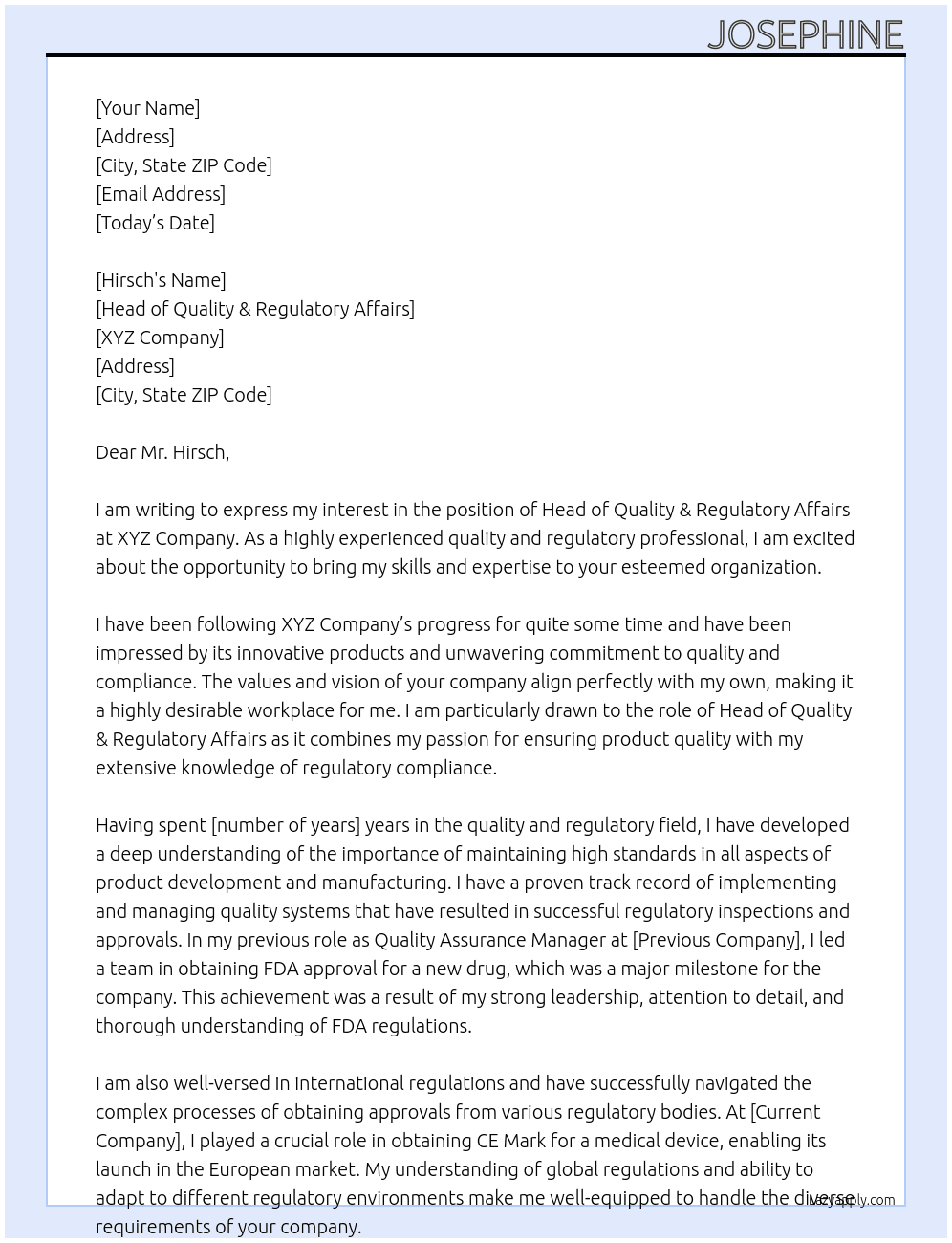 Cover letter for head of quality & regulatory affairs - LazyApply