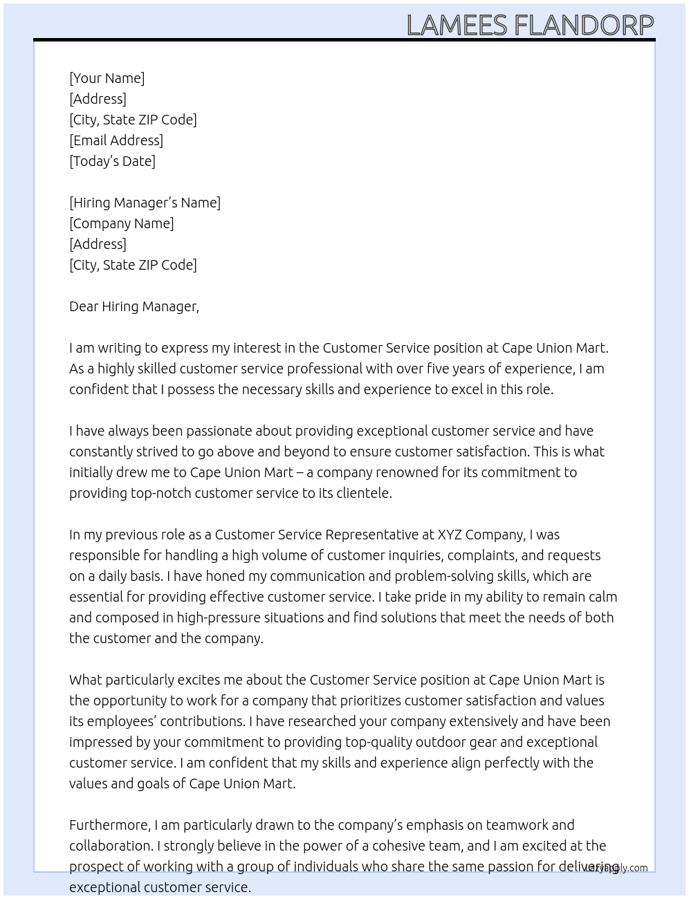 customer service  At Cape Union Mart Cover Letter