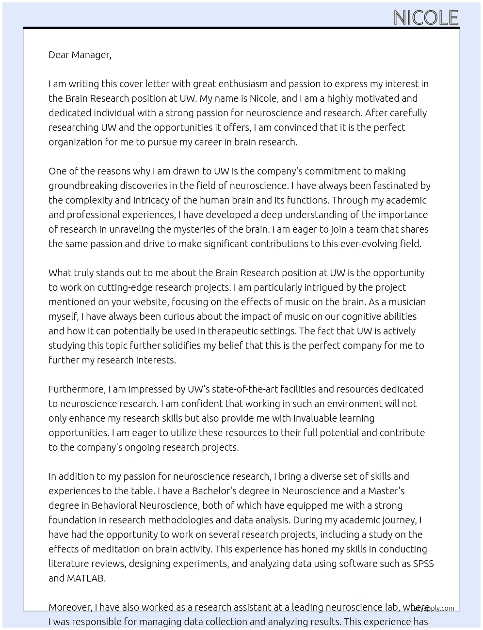 brain research At uw  Cover Letter