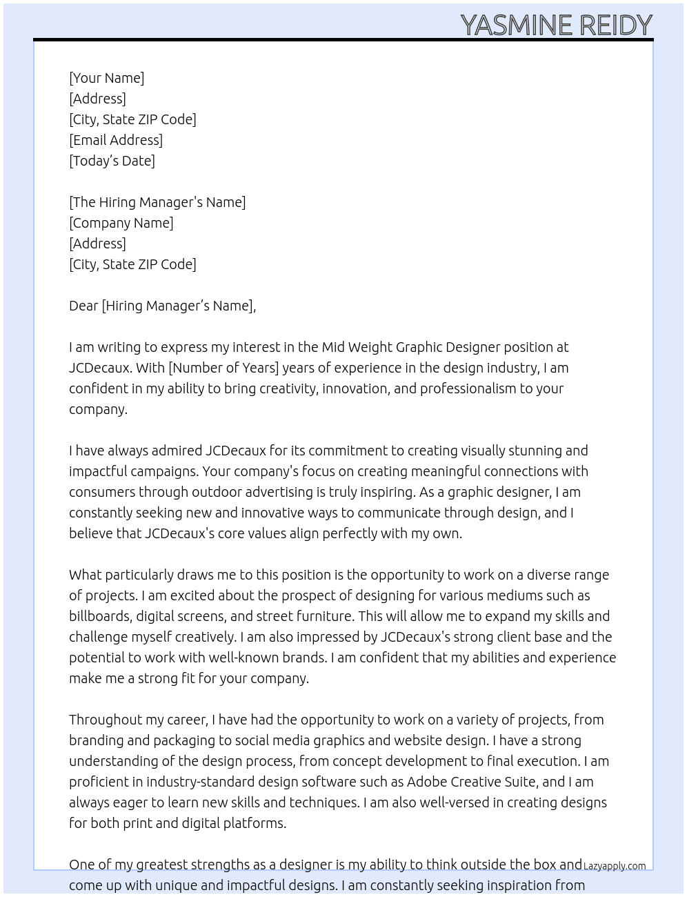 Mid Weight Graphic Designer At JCDecaux Cover Letter
