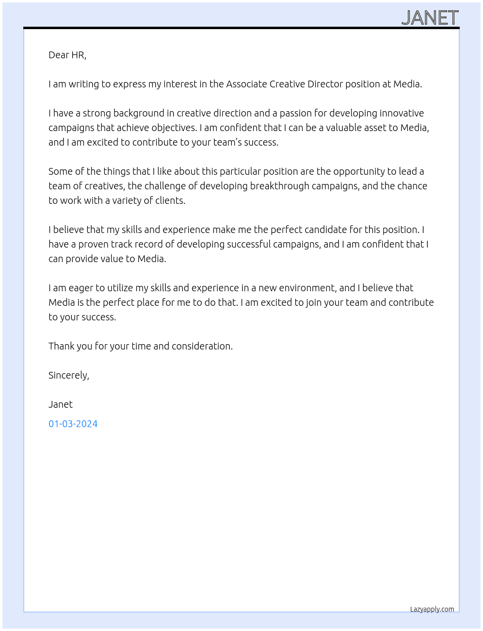 Associate Creative Director At Media Cover Letter