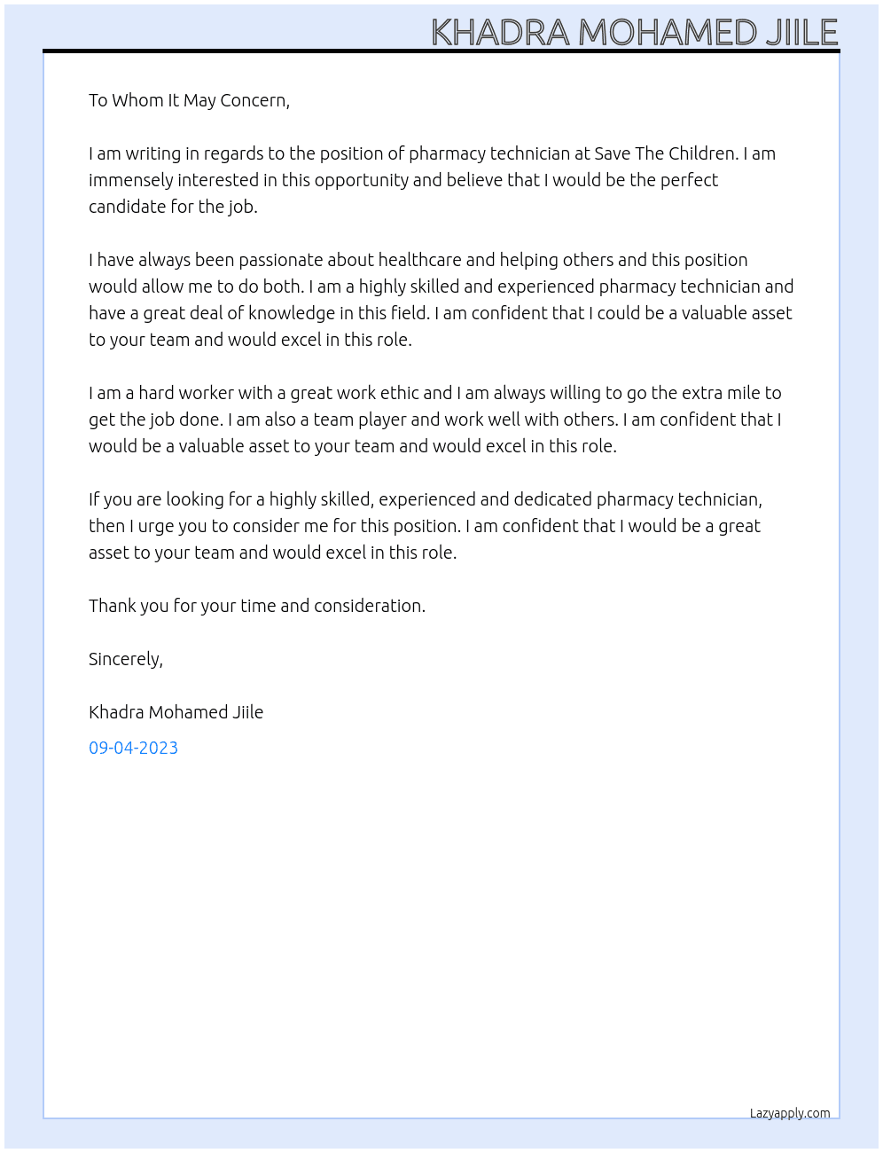 Pharmacy Technician  At Save The Children  Cover Letter