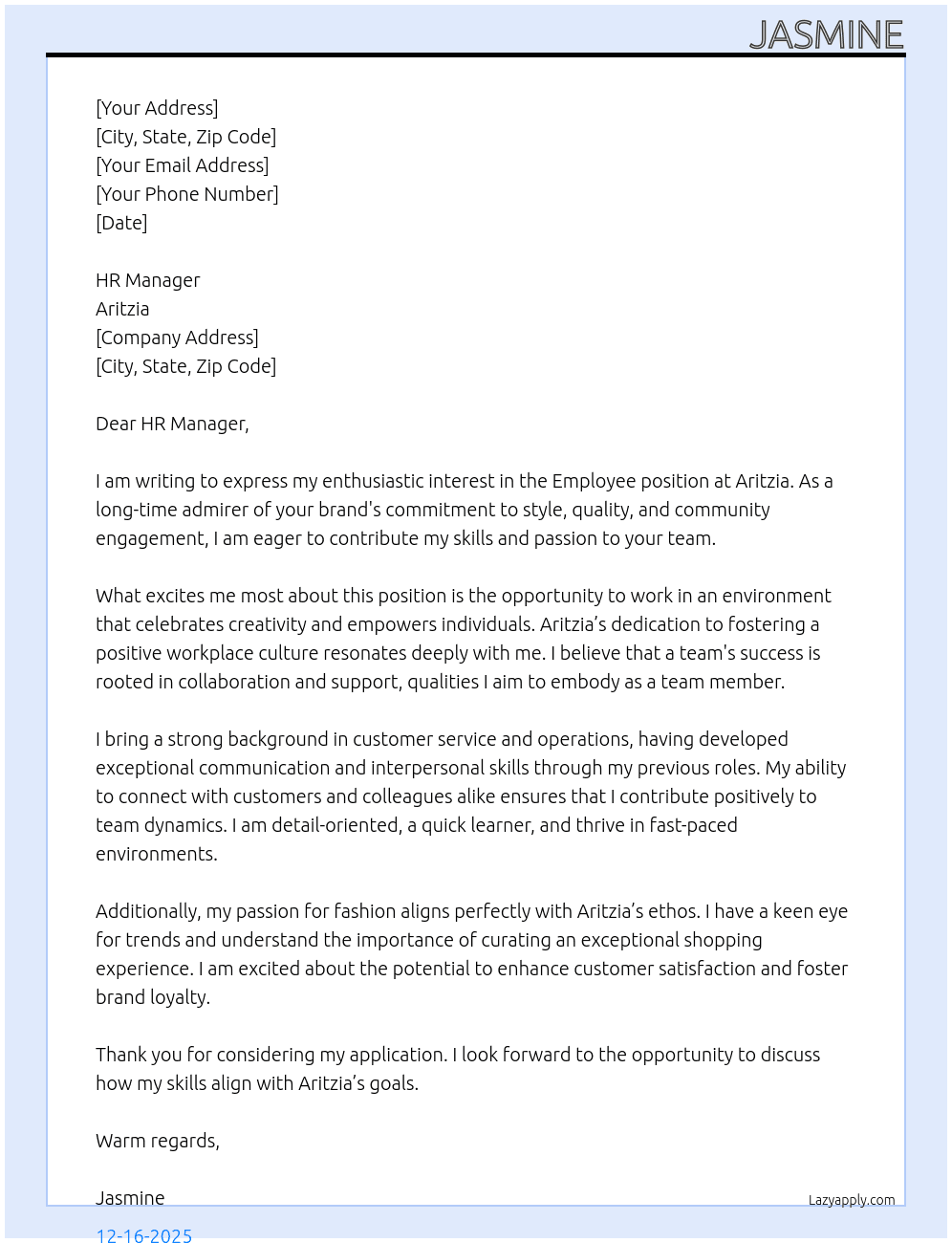 employeee At Aritzia  Cover Letter