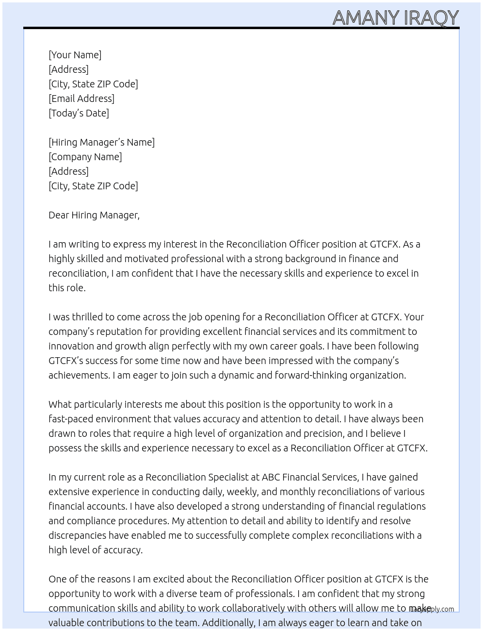Reconciliation officer  At GTCFX Cover Letter