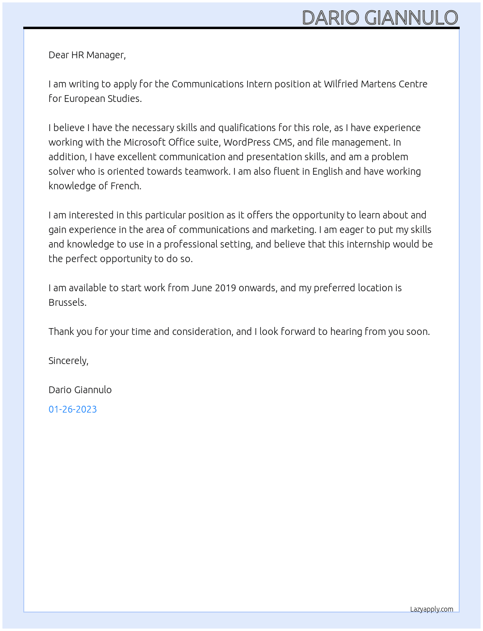 Communications Intern At Wilfried Martens Centre for European Studies Cover Letter