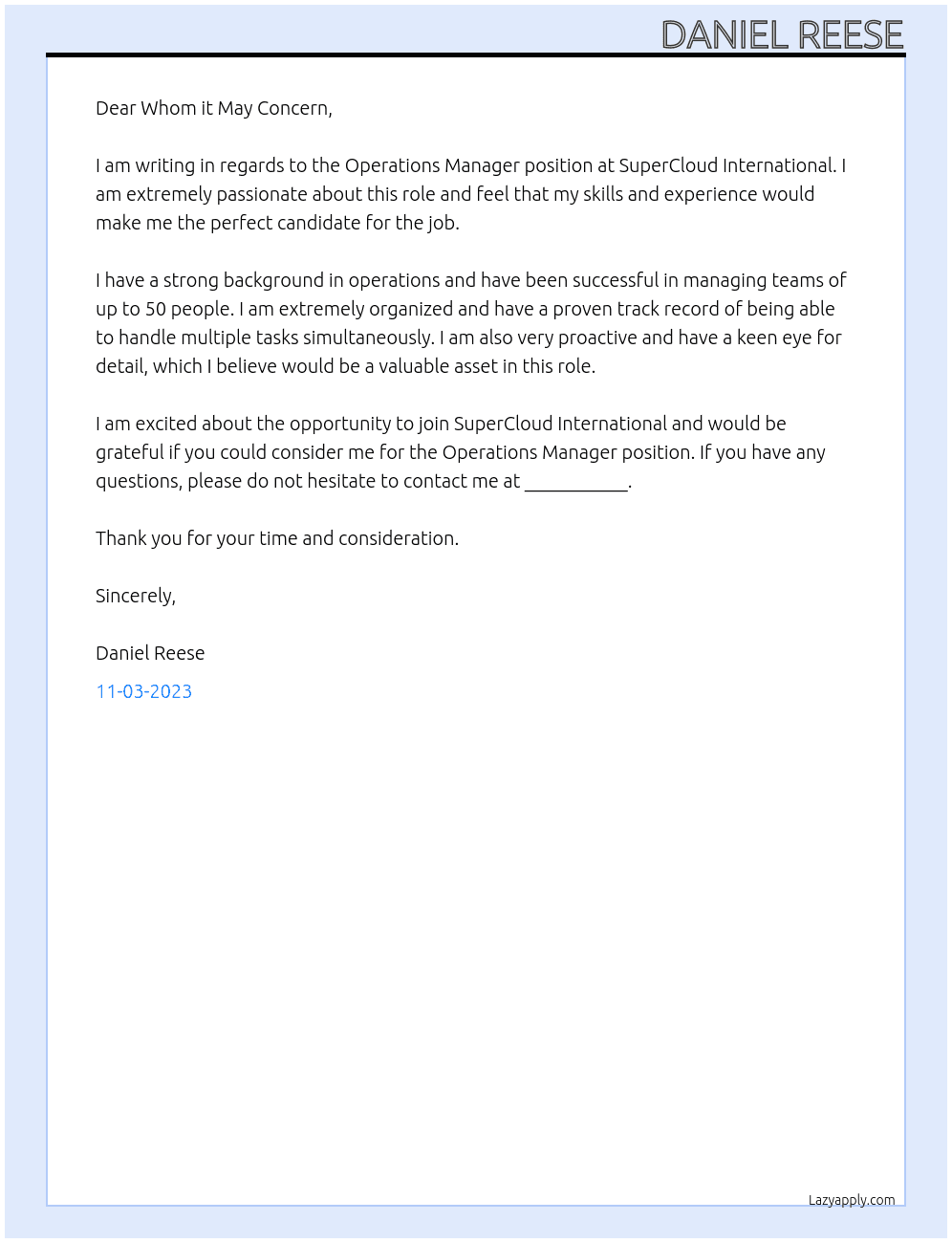 Operations manager At SuperCloud International Cover Letter