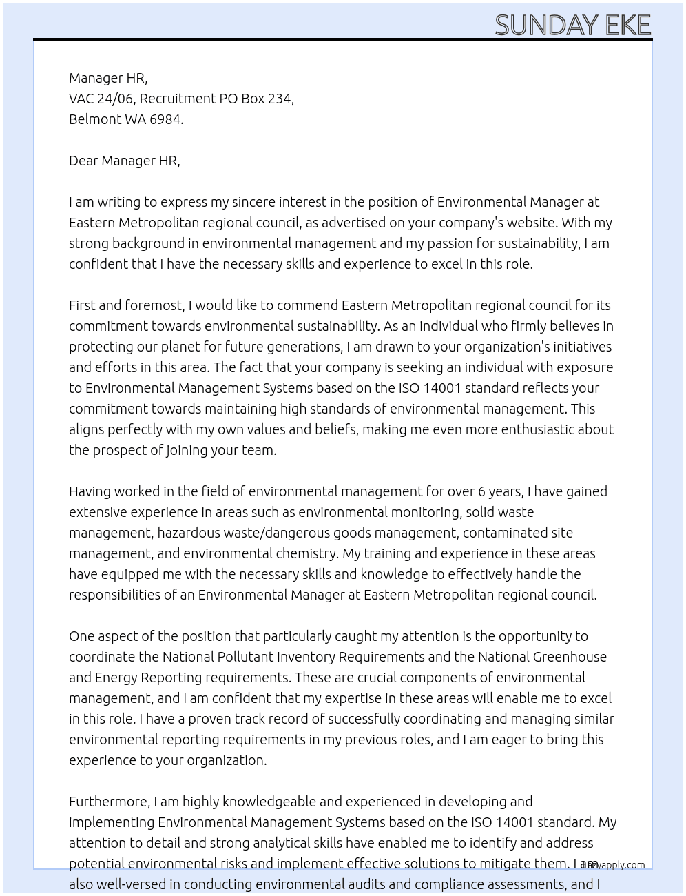 Emvironmental Manager At Eastern Metropolitan regional council Cover Letter
