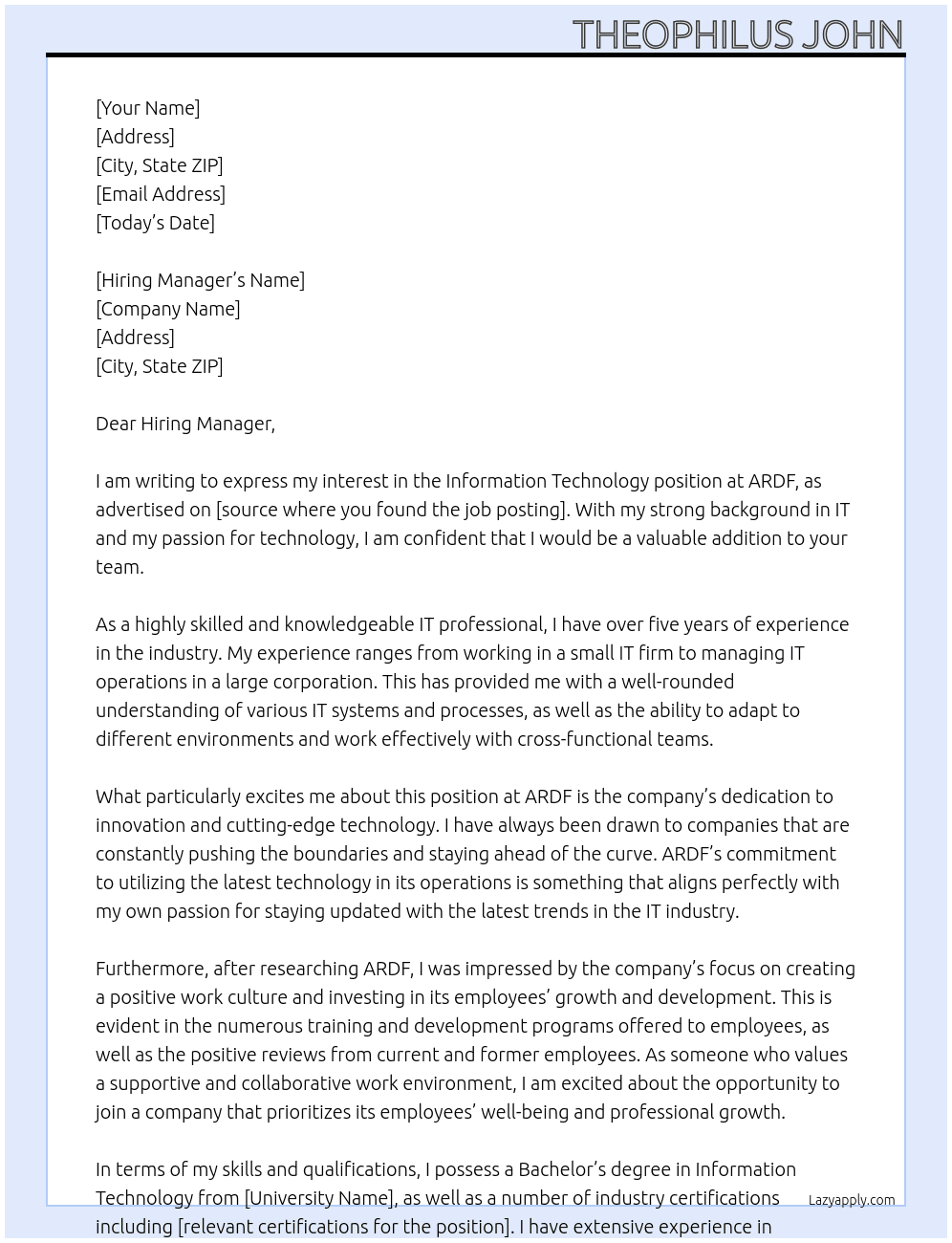 INFORMATION TECHNOLOGY  At ARDF Cover Letter