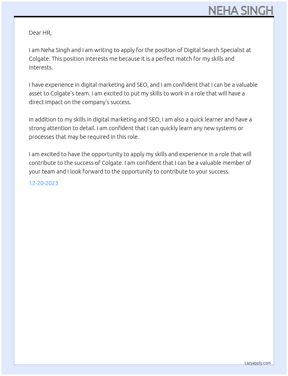 Digital Search Specialist At Colgate Cover Letter