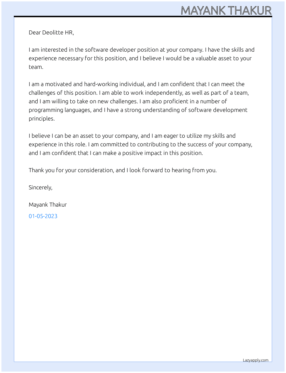 software developer At Deolitte Cover Letter