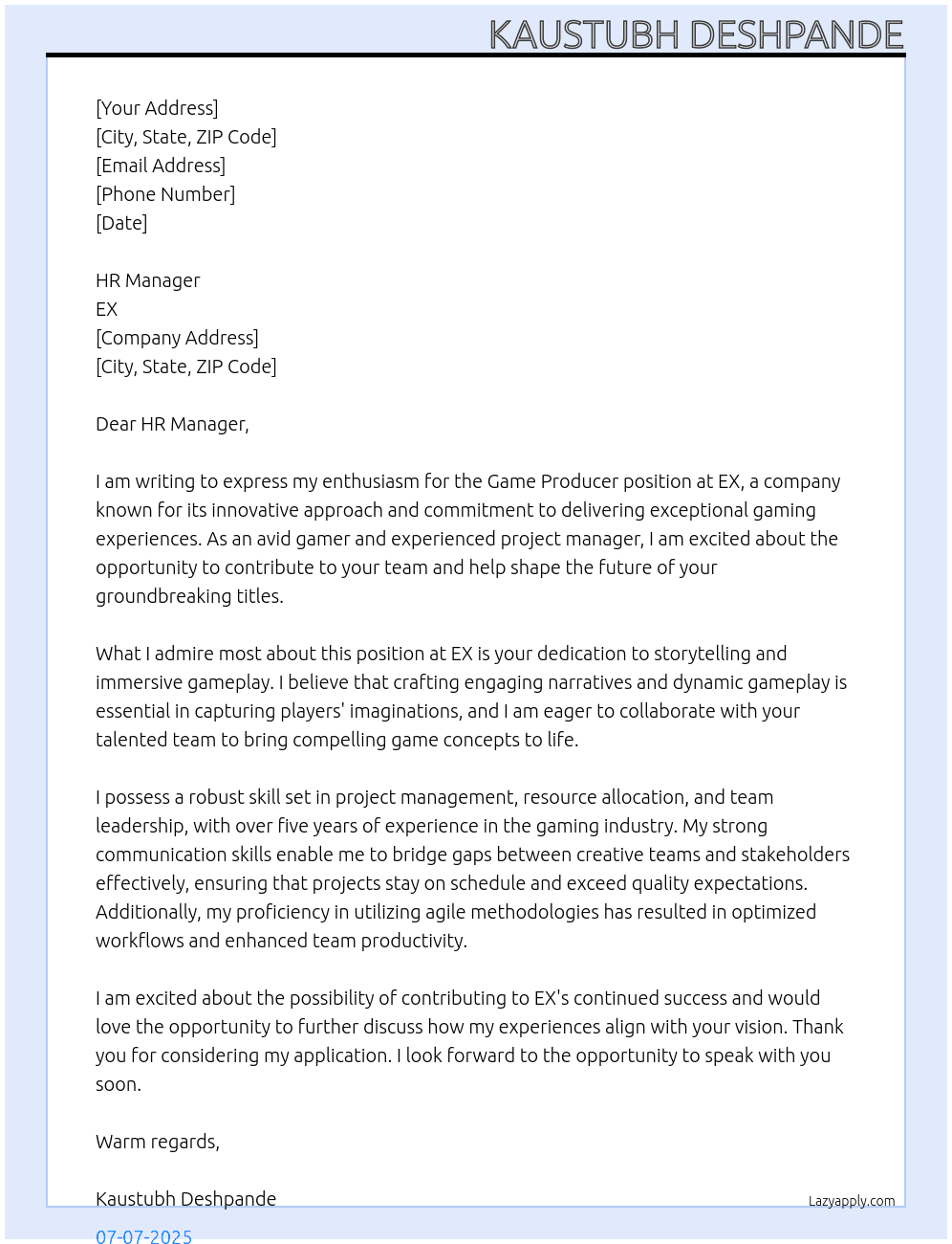 Game producer At EX Cover Letter