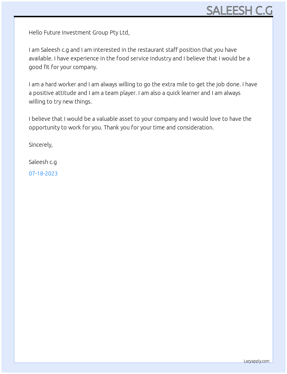 Restaurant staff At Future Investment Group Pty Ltd Cover Letter