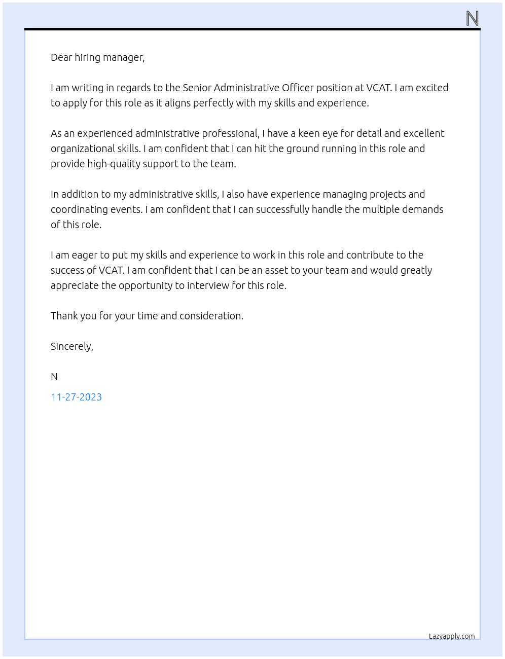 Senior Administrative Officer At VCAT Cover Letter