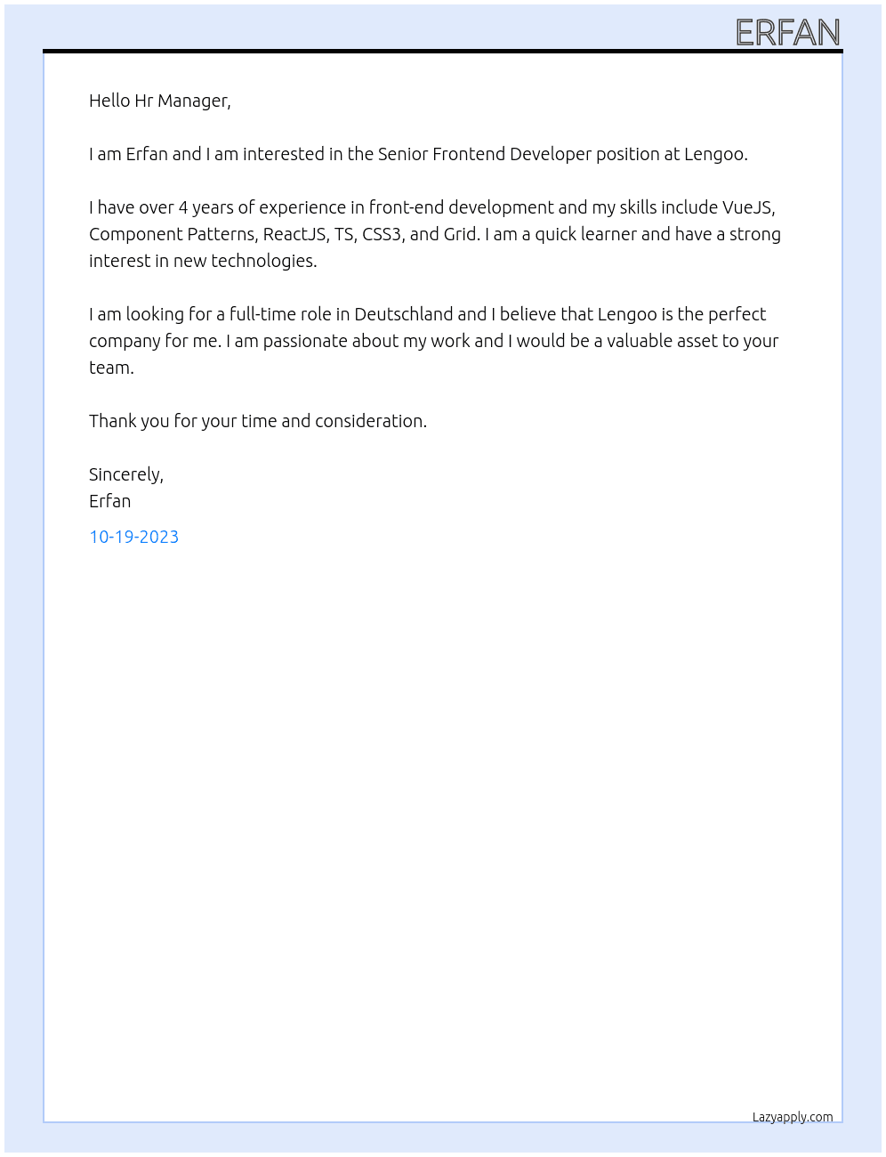 Senior Frontend Developer  At Lengoo Cover Letter