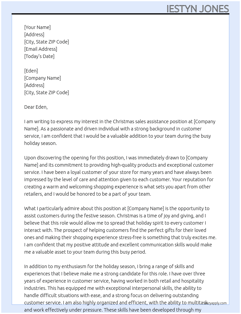 Christmas sales assistance  At Eden Cover Letter