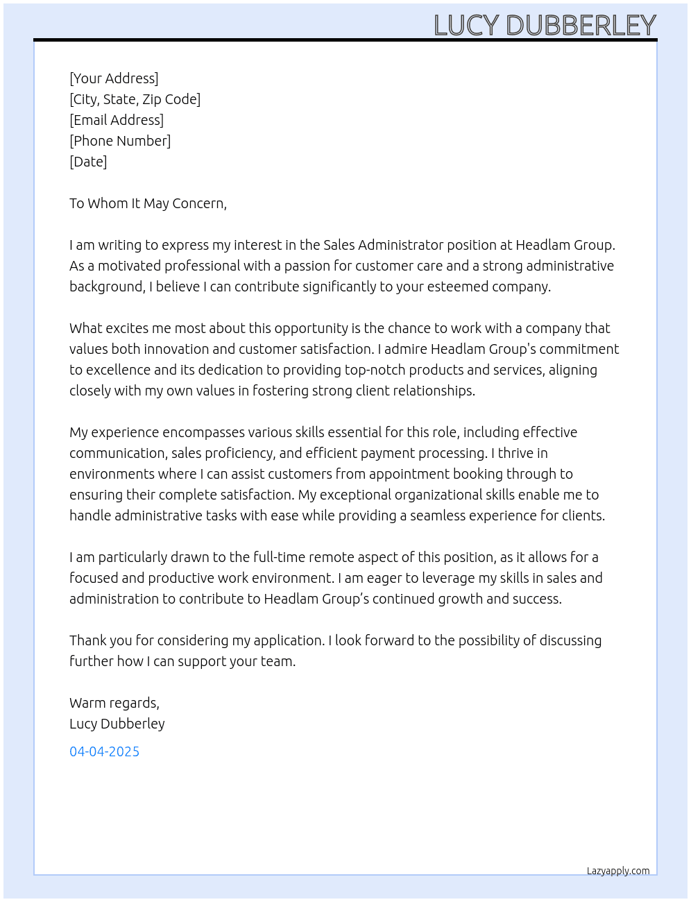 Sales administrator At Headlam group Cover Letter