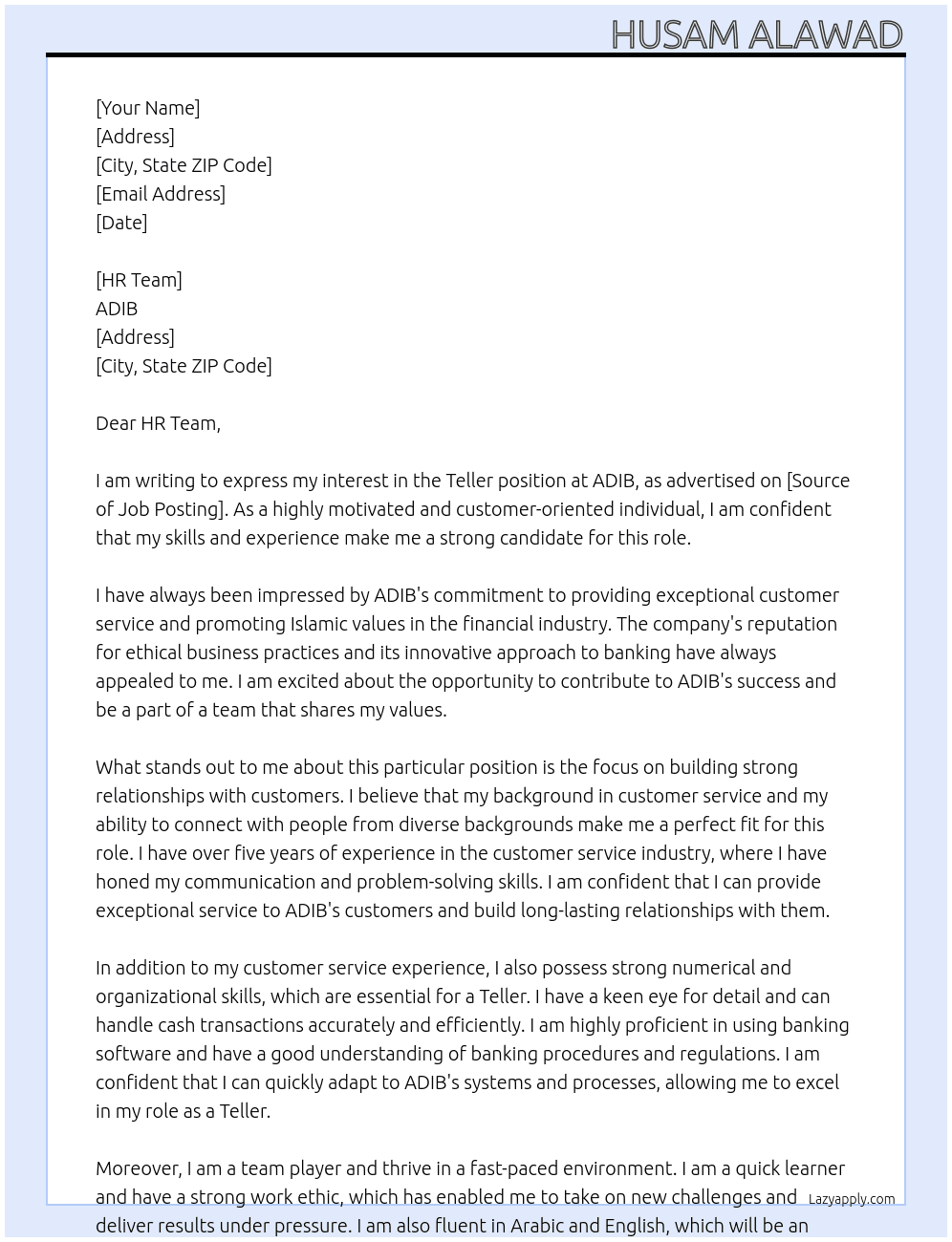 Teller At ADIB Cover Letter