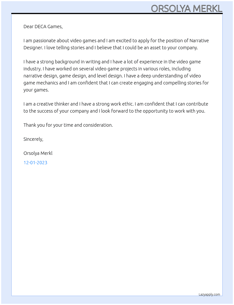 Narrative Designer At DECA Games Cover Letter
