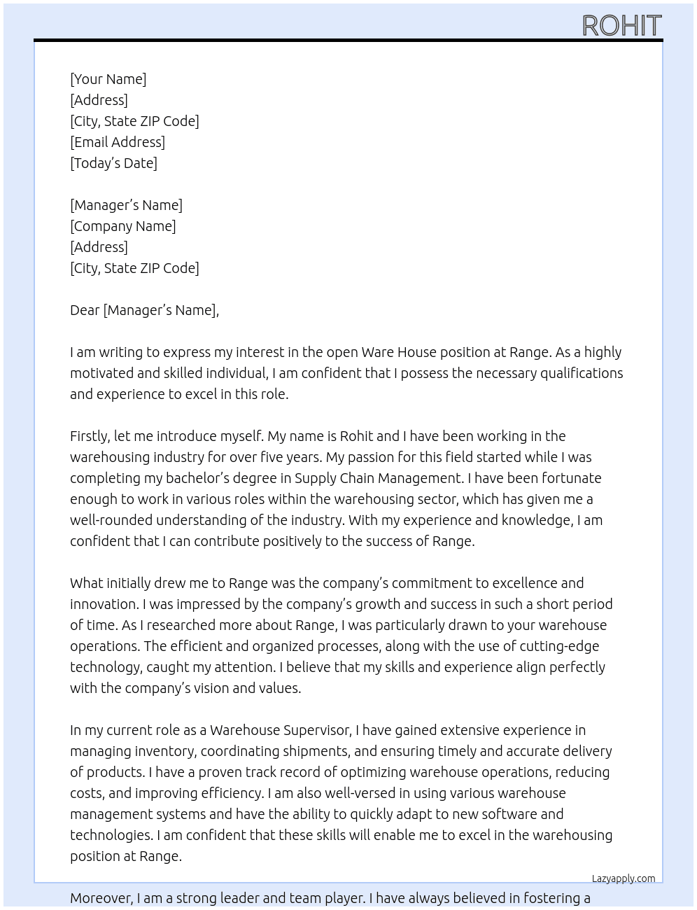 ware house At range Cover Letter