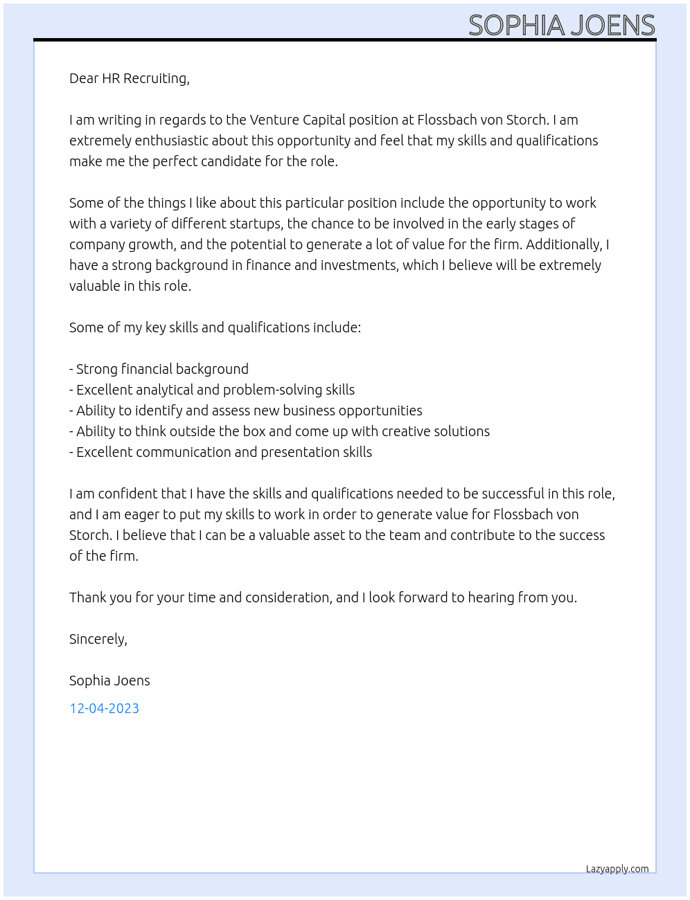 Venture Capital At Flossbach von Storch Cover Letter
