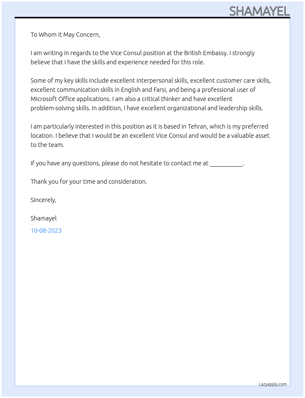Vice Consul At British Embassy Cover Letter