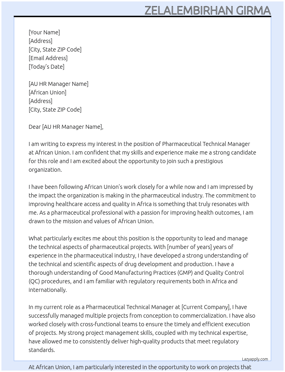 pharmaceutical technical manager At African union Cover Letter