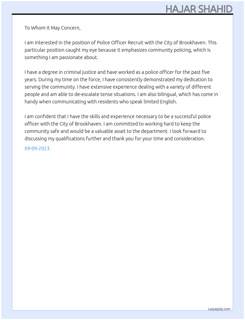 Police Officer Recruit  At City of Brookhaven  Cover Letter