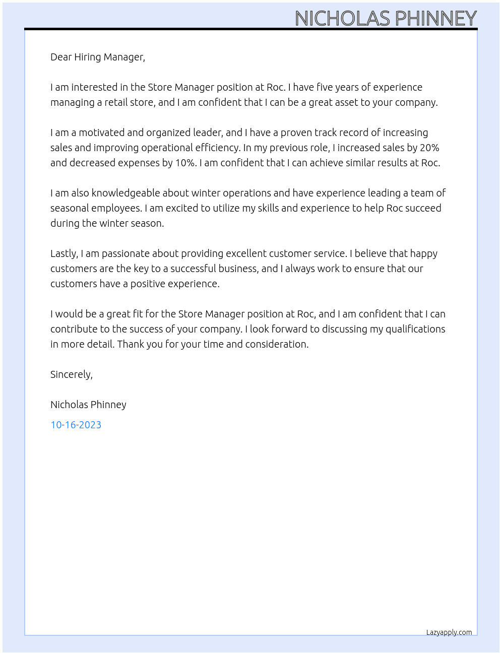Store Manager At Roc, winter operations lead Cover Letter