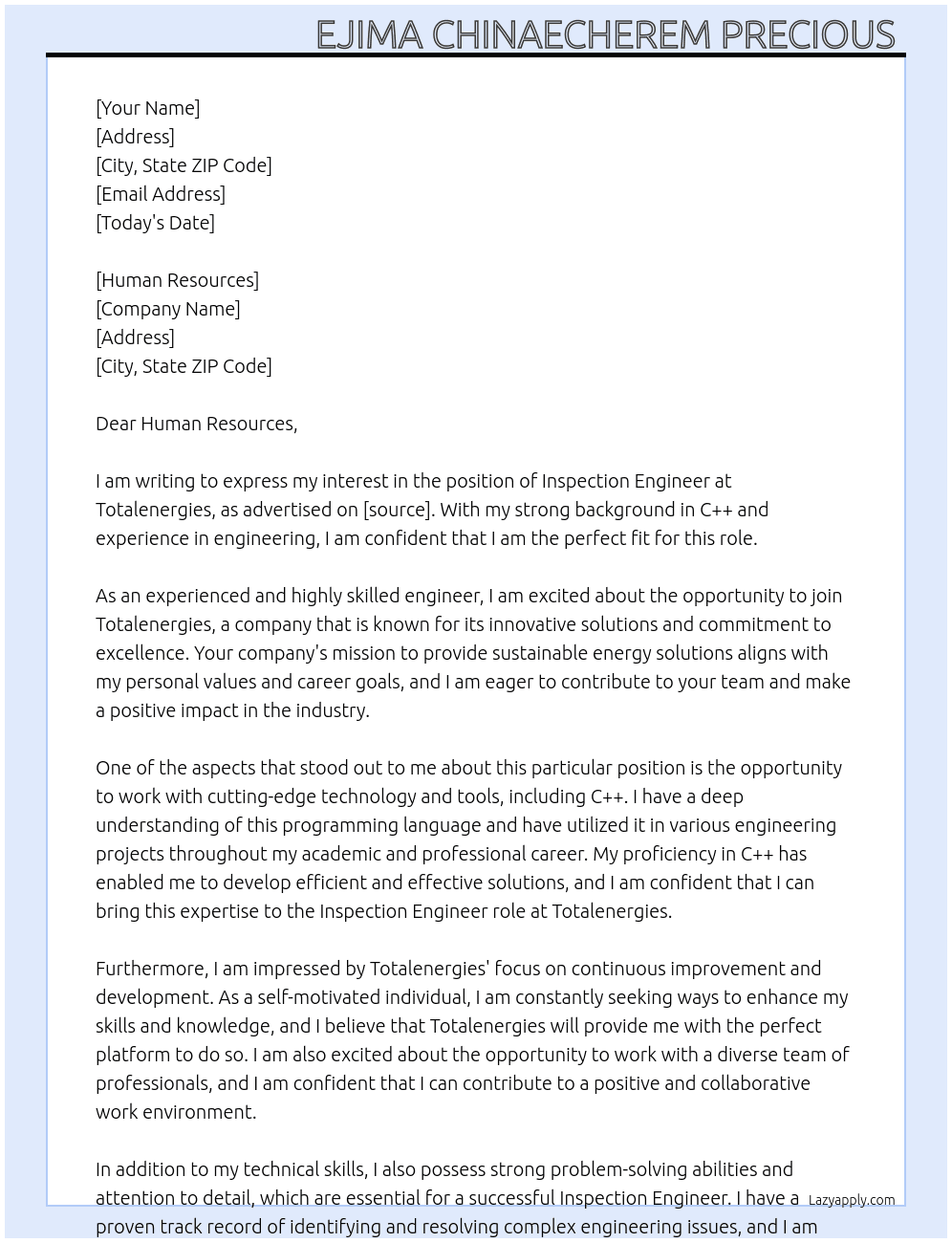Inspection Engineer  At Totalenergies  Cover Letter