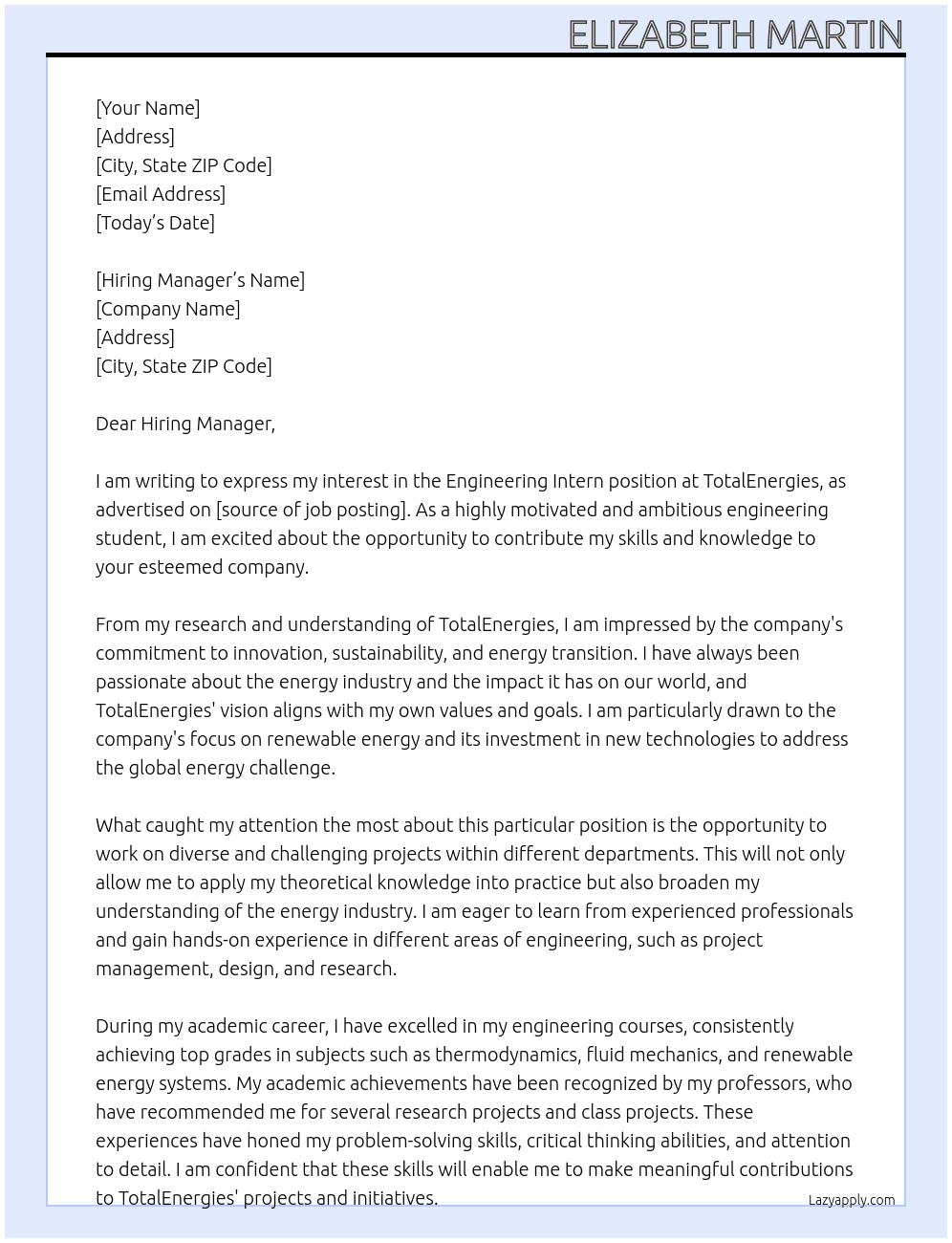 Engineering Intern At TotalEnergies Cover Letter