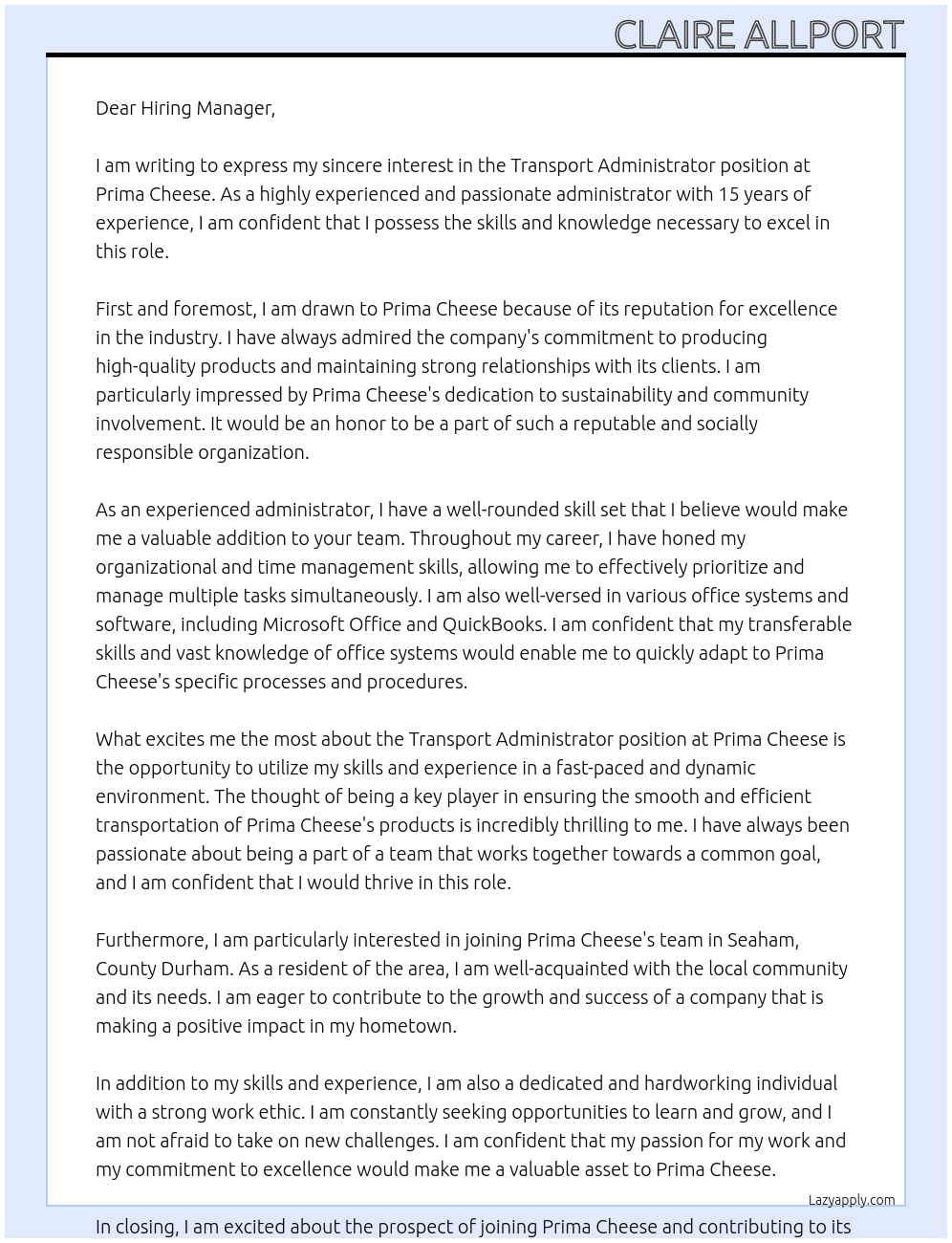 Transport Administrator  At Prima Cheese Cover Letter