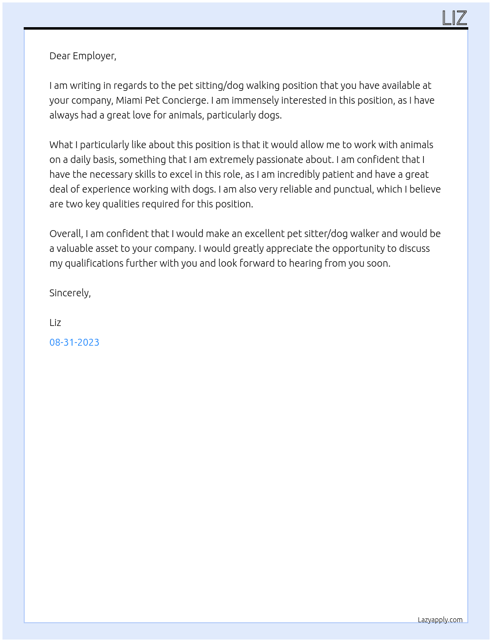 Pet sitting/Dog walking At Miami Pet Concierge Cover Letter