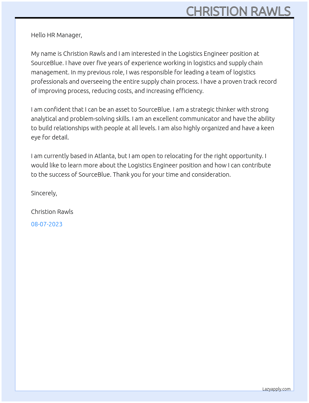 Logistics Engineer At SourceBlue Cover Letter
