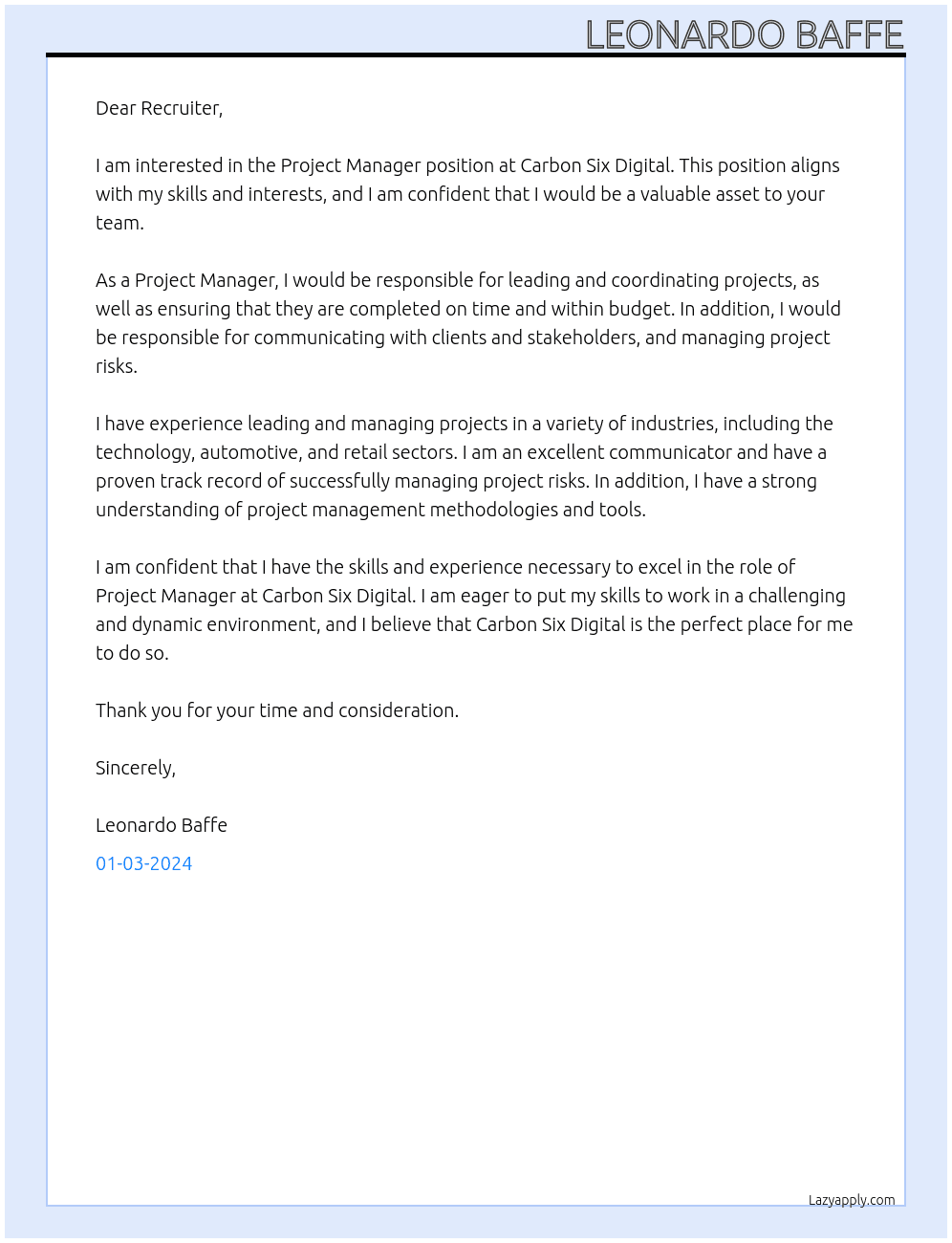 Project Manager  At Carbon Six Digital Cover Letter