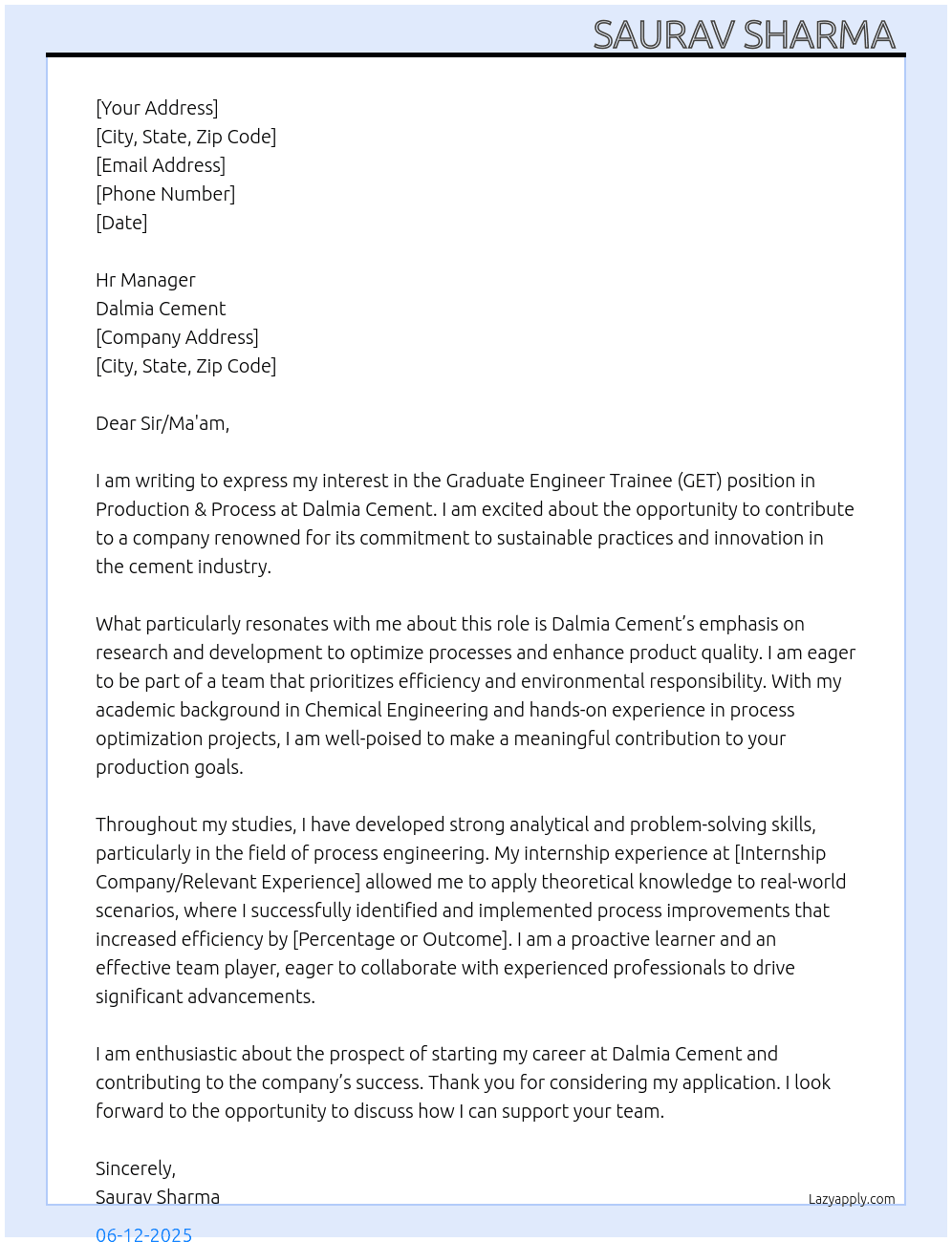 GET Production & Process  At Dalmia Cement  Cover Letter