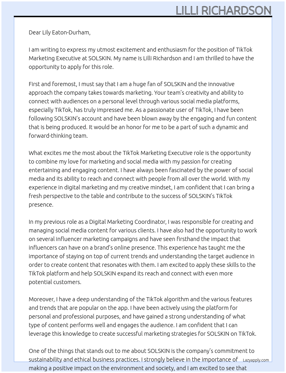 TikTok Marketing Executive At SOLSKIN Cover Letter