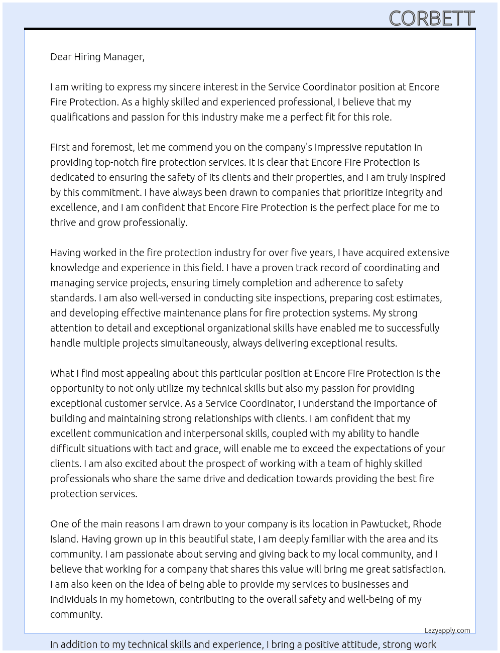 Service Coordinator At Encore Fire Protection Cover Letter